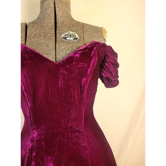 Vintage 80s Off The Shoulder Fit Flare Mini Dress Magenta Size XS Poofy Party - Picture 3 of 15